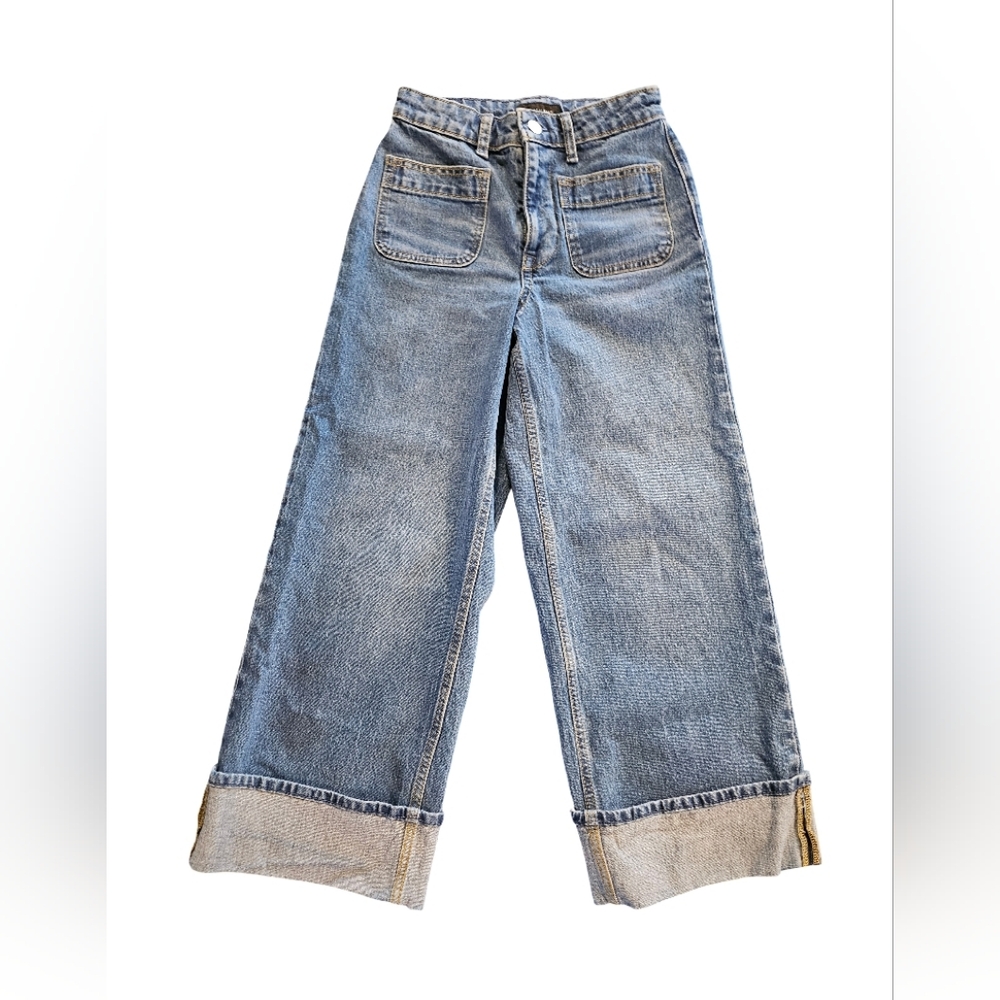 Stylish Blue Wide Leg Jeans with Tan Accents